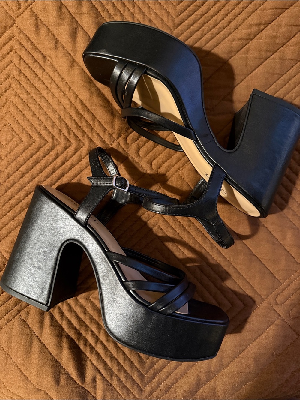 Soda Black Strappy Platform Block Heels